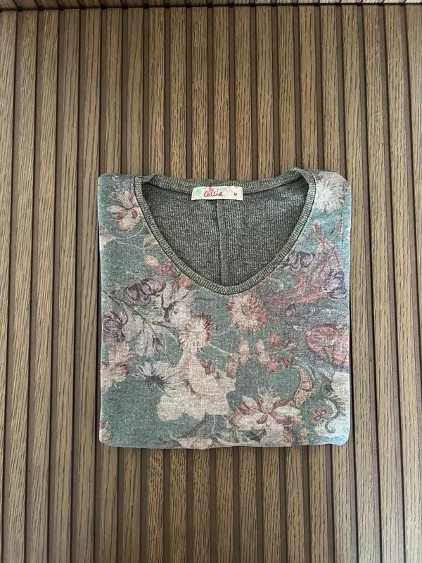 Blusa de Manga Comprida com Padrão Floral de Tom Verde – photo 3
